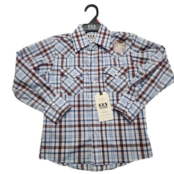 Ely Cattleman Boys Shirt Blue Plaid Western Long Sleeve Pearl Snap Small - Picture 3 of 8